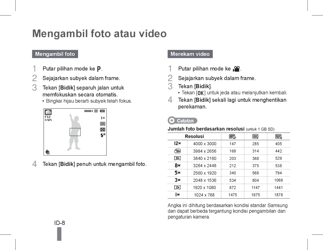 Samsung EC-WB600ZBPBGB, EC-WB600ZBPBE1, EC-WB610ZBDBE1, EC-WB610ZBDNE1, EC-WB600ZBPNE1 manual Mengambil foto atau video, ID-8 