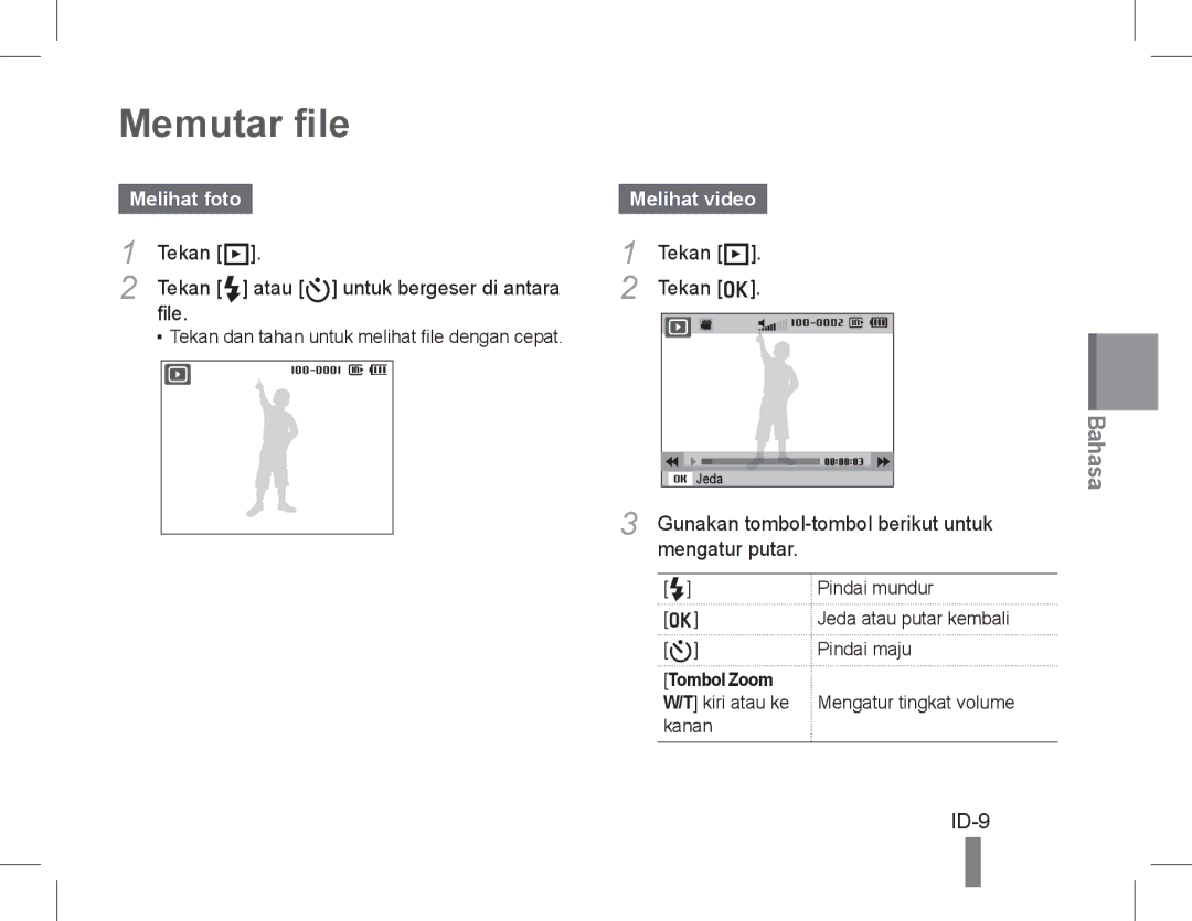 Samsung EC-WB610ZBDNE1 Memutar file, ID-9, Melihat foto Melihat video, Gunakan tombol-tombol berikut untuk, Mengatur putar 