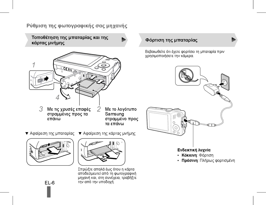 Samsung EC-WB600ZBPARU manual EL-6, Τοποθέτηση της μπαταρίας και της κάρτας μνήμης, Τα επάνω, Φόρτιση της μπαταρίας 