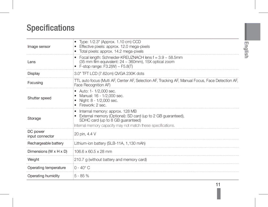 Samsung EC-WB600ZBPAE1, EC-WB600ZBPBE1 manual Specifications, Image sensor Lens Display Focusing Shutter speed Storage 