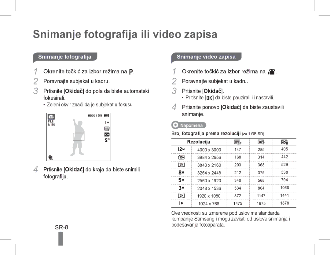 Samsung EC-WB600ZBPBE3, EC-WB600ZBPBE1, EC-WB610ZBDBE1, EC-WB600ZBPBGB manual Snimanje fotografija ili video zapisa, SR-8 