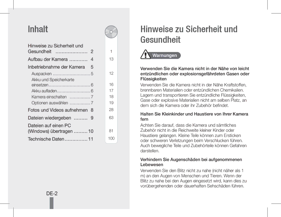 Samsung EC-WB600ZBPAIL manual Inhalt, DE-2, Hinweise zu Sicherheit und Gesundheit… …………………, Dateien auf einen PC 