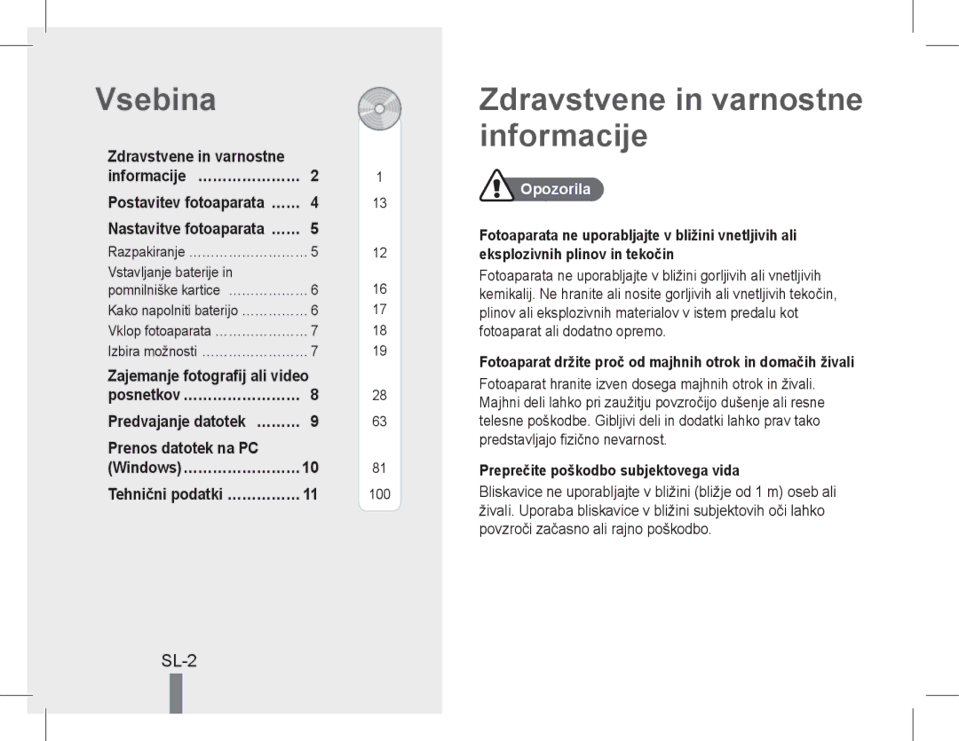 Samsung EC-WB600ZBPNDZ manual Vsebina, Zdravstvene in varnostne informacije, SL-2, Prenos datotek na PC, Opozorila 