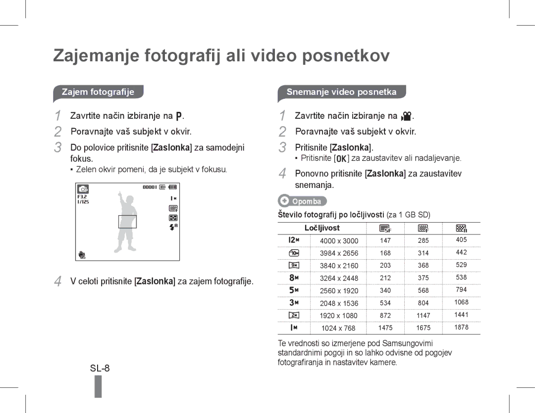 Samsung EC-WB600ZDPBIR, EC-WB600ZBPBE1, EC-WB610ZBDBE1, EC-WB600ZBPBGB manual Zajemanje fotografij ali video posnetkov, SL-8 