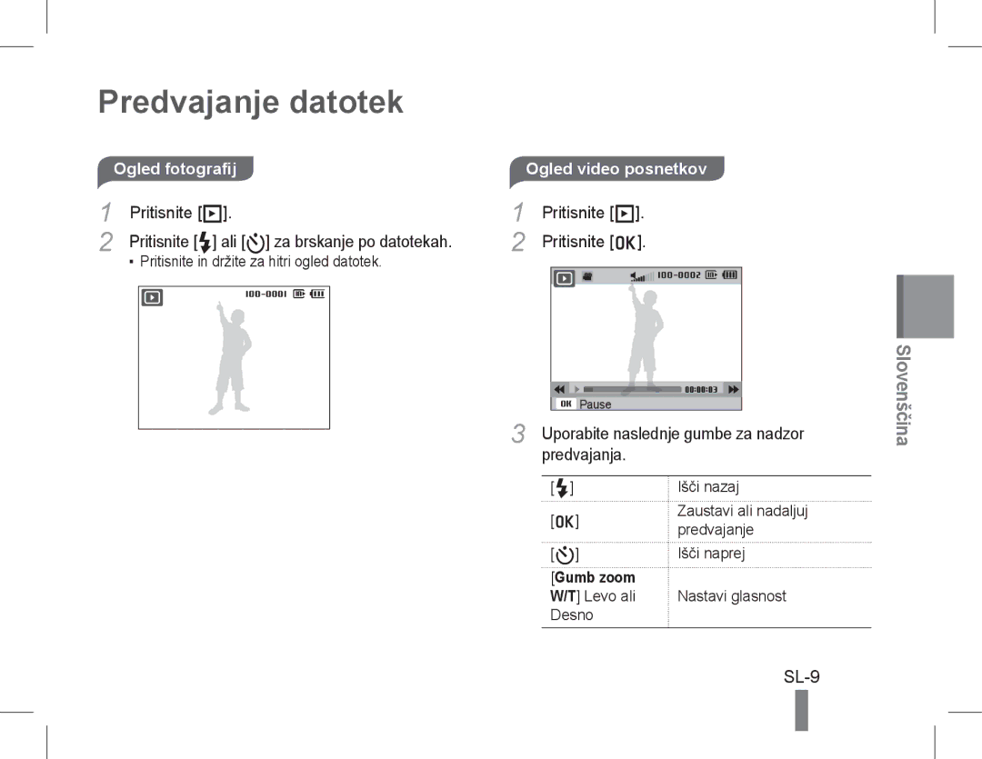 Samsung EC-WB600ZBPBIL, EC-WB600ZBPBE1 manual Predvajanje datotek, SL-9, Ogled fotografijOgled video posnetkov, Predvajanja 