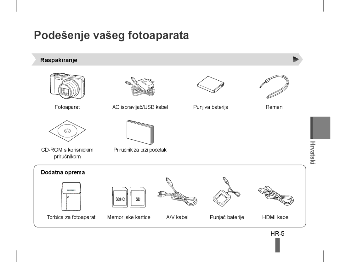 Samsung EC-WB600ZBDBVN, EC-WB600ZBPBE1, EC-WB610ZBDBE1, EC-WB600ZBPBGB manual Podešenje vašeg fotoaparata, HR-5, Raspakiranje 