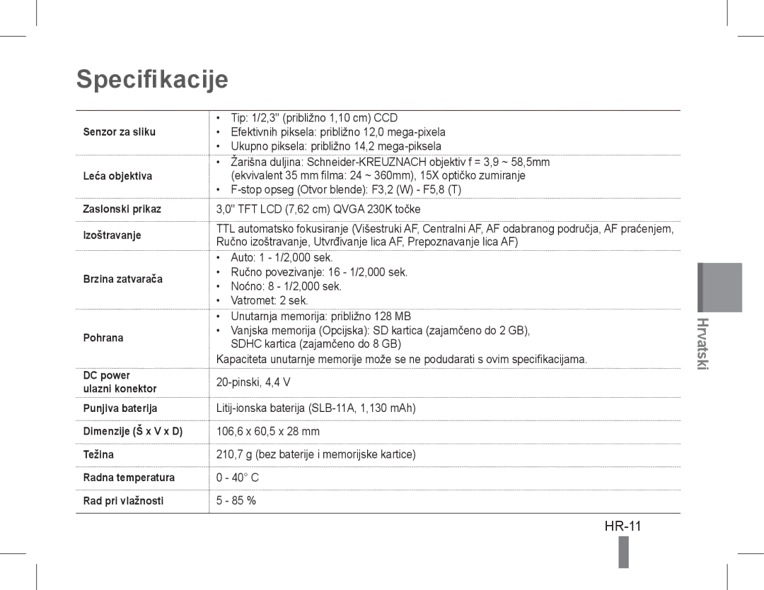 Samsung EC-WB600ZBPNRU, EC-WB600ZBPBE1, EC-WB610ZBDBE1, EC-WB600ZBPBGB, EC-WB610ZBDNE1, EC-WB600ZBPNE1 Specifikacije, HR-11 