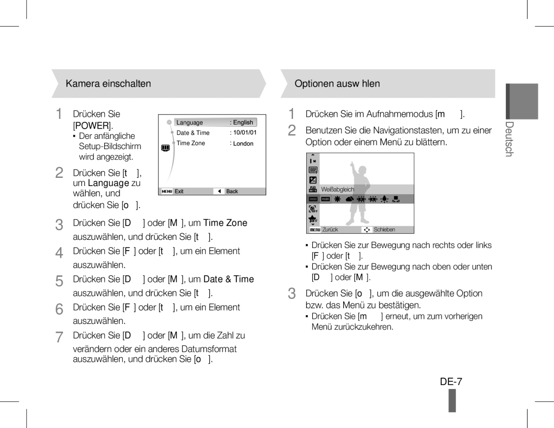 Samsung EC-WB600ZDPNIR, EC-WB600ZBPBE1, EC-WB610ZBDBE1, EC-WB600ZBPBGB manual DE-7, Kamera einschalten, Optionen auswählen 