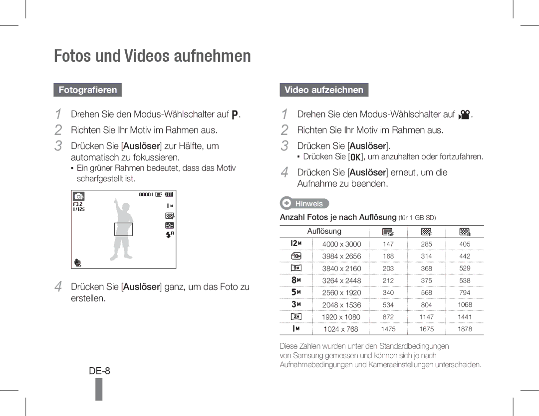 Samsung EC-WB600ZDPAIR, EC-WB600ZBPBE1, EC-WB610ZBDBE1, EC-WB600ZBPBGB, EC-WB610ZBDNE1 DE-8, Fotografieren, Video aufzeichnen 