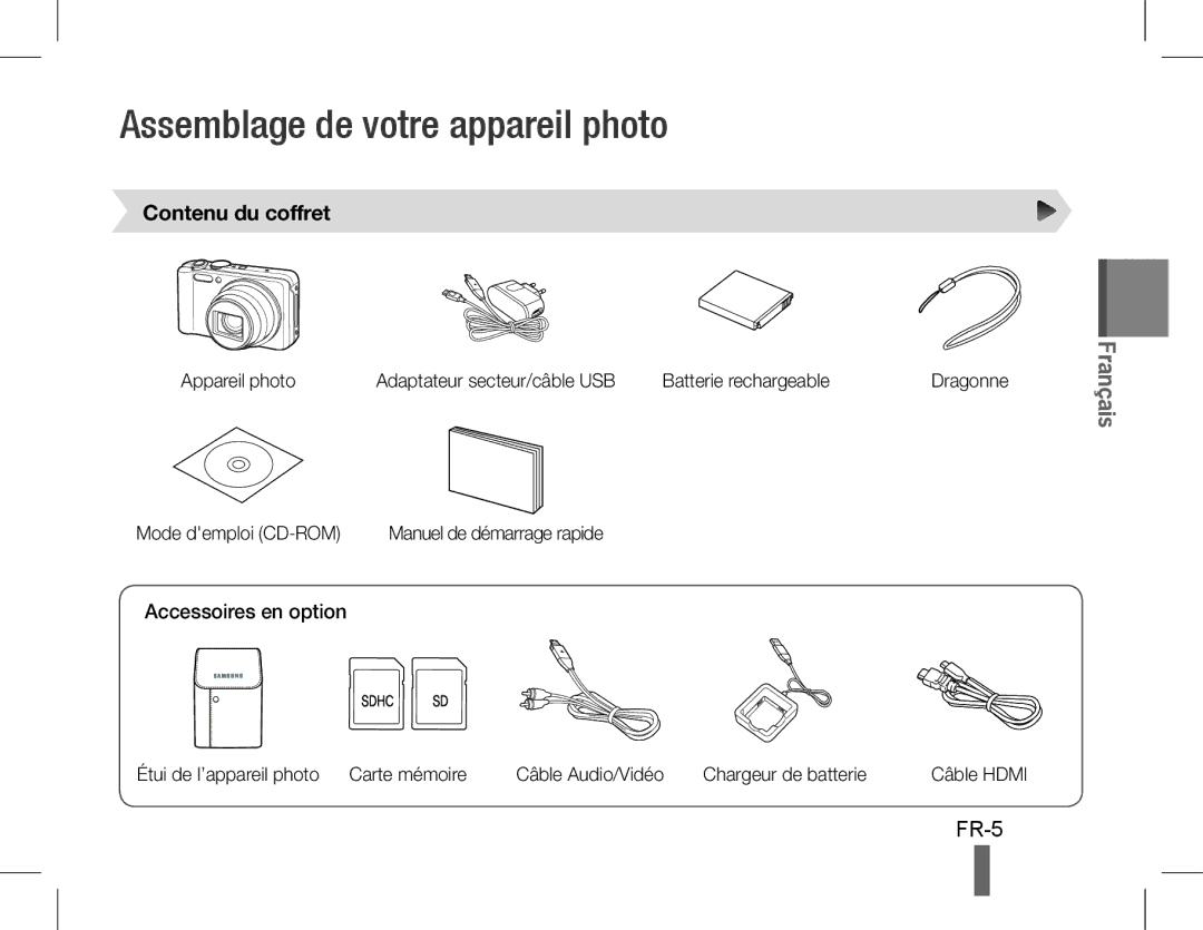 Samsung EC-WB600ZBPAVN, EC-WB600ZBPBE1 Assemblage de votre appareil photo, FR-5, Contenu du coffret, Accessoires en option 