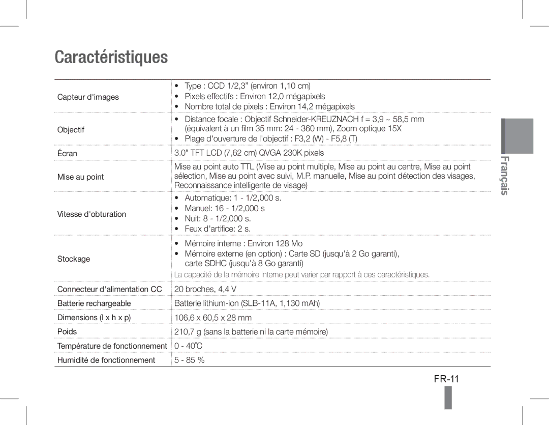 Samsung EC-WB600ZBPBRU, EC-WB600ZBPBE1, EC-WB610ZBDBE1, EC-WB600ZBPBGB, EC-WB610ZBDNE1, EC-WB600ZBPNE1 Caractéristiques, FR-11 