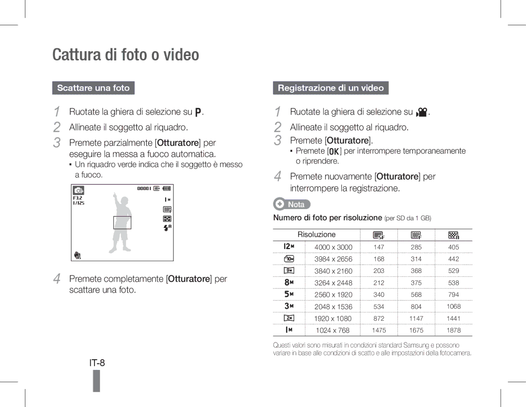 Samsung EC-WB600ZBPBGB, EC-WB600ZBPBE1 manual Cattura di foto o video, IT-8, Scattare una foto, Registrazione di un video 