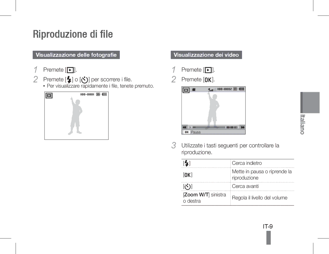 Samsung EC-WB610ZBDNE1 manual Riproduzione di file, IT-9, Visualizzazione delle fotografie, Visualizzazione dei video 