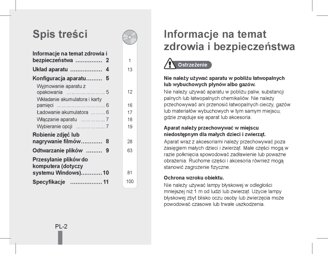 Samsung EC-WB600ZBPAIT, EC-WB600ZBPBE1 manual Spis treści, Informacje na temat zdrowia i bezpieczeństwa, PL-2, Ostrzeżenie 