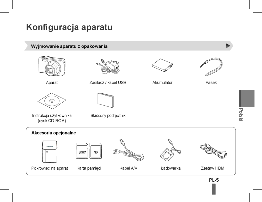 Samsung EC-WB600ZDPBME, EC-WB600ZBPBE1 Konfiguracja aparatu, PL-5, Wyjmowanie aparatu z opakowania, Akcesoria opcjonalne 