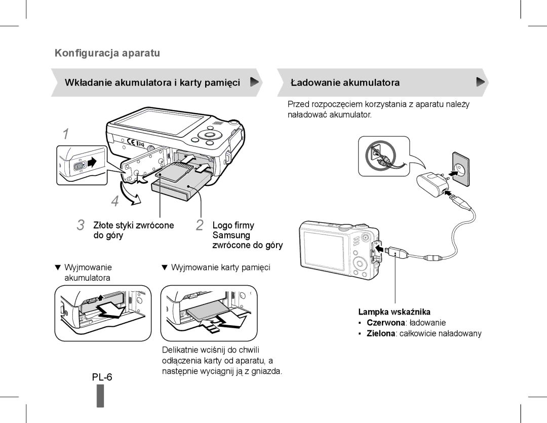 Samsung EC-WB600ZBPBE3 PL-6, Wkładanie akumulatora i karty pamięci, Złote styki zwrócone, Do góry Samsung Zwrócone do góry 