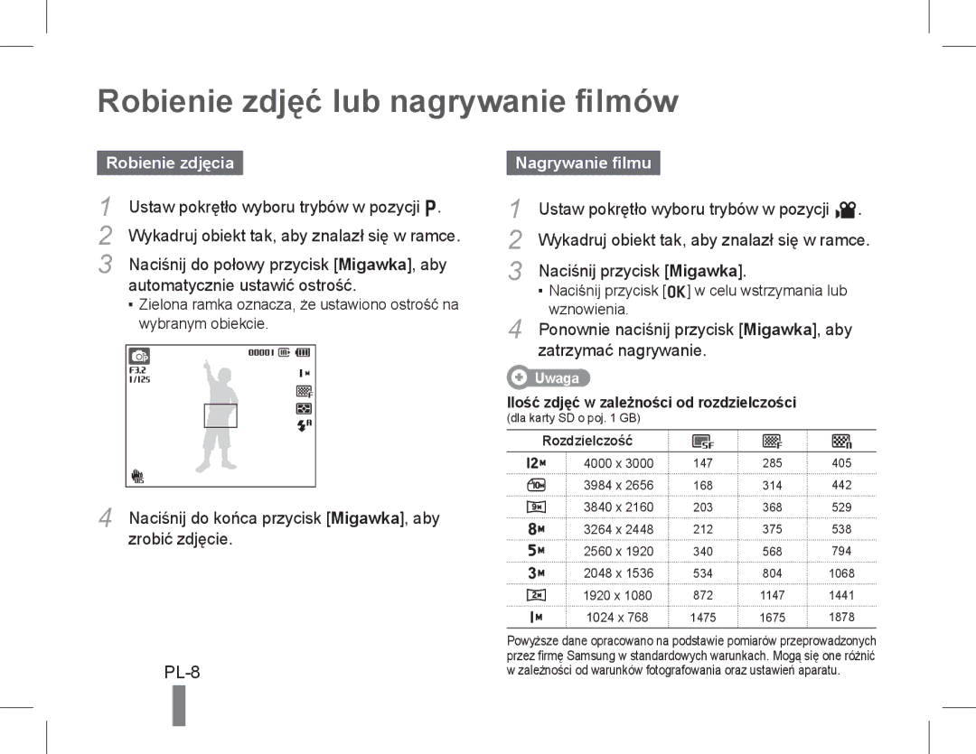 Samsung EC-WB600ZBPAIL, EC-WB600ZBPBE1 manual Robienie zdjęć lub nagrywanie filmów, PL-8, Robienie zdjęcia, Nagrywanie filmu 