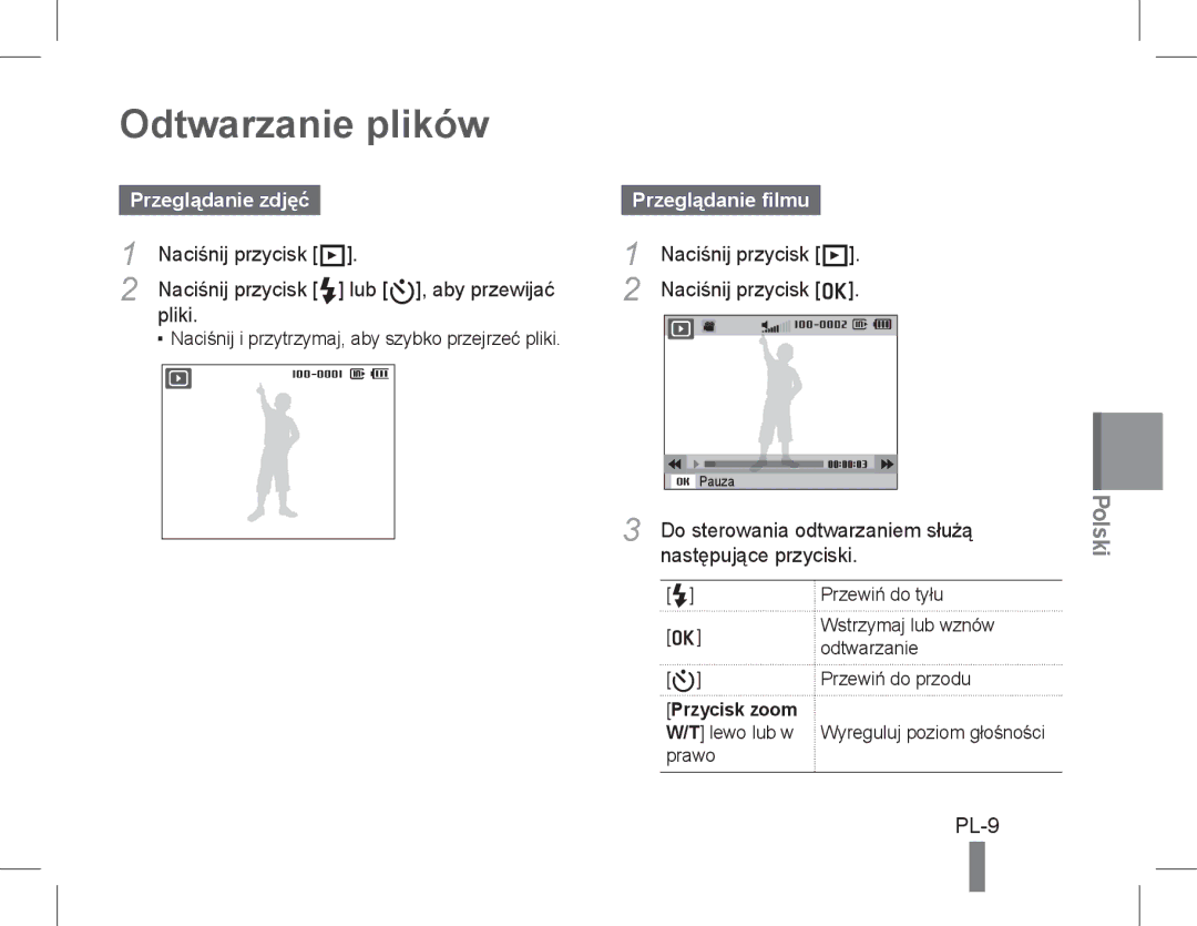 Samsung EC-WB600ZDPNME, EC-WB600ZBPBE1 manual Odtwarzanie plików, PL-9, Przeglądanie filmu, Do sterowania odtwarzaniem służą 