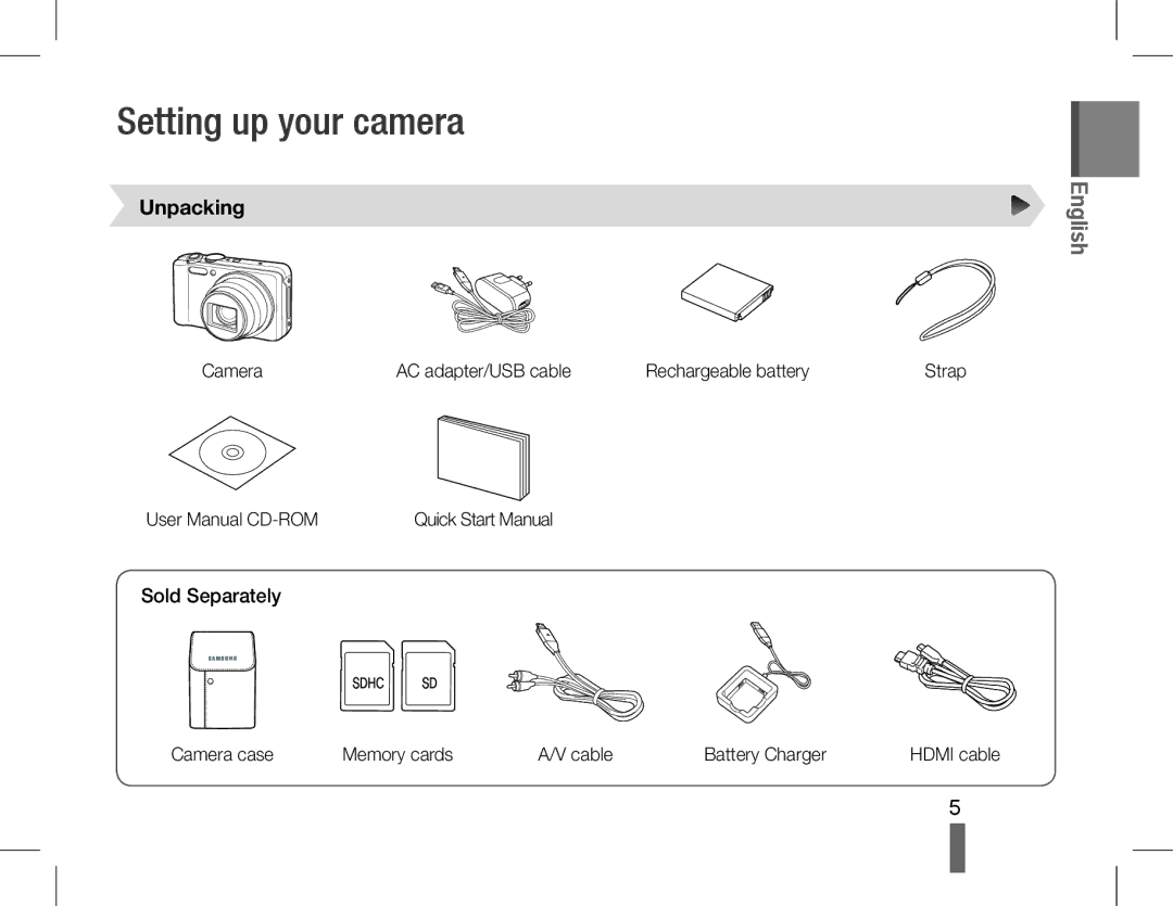 Samsung EC-WB600ZDPAME Setting up your camera, Unpacking, Sold Separately, Camera case Memory cards Cable Battery Charger 