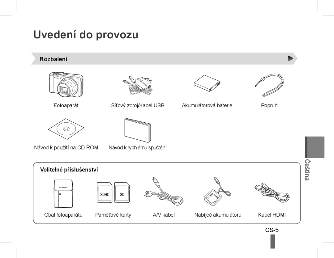 Samsung EC-WB600ZBPASA, EC-WB600ZBPBE1, EC-WB610ZBDBE1 manual Uvedení do provozu, CS-5, Rozbalení, Volitelné příslušenství 