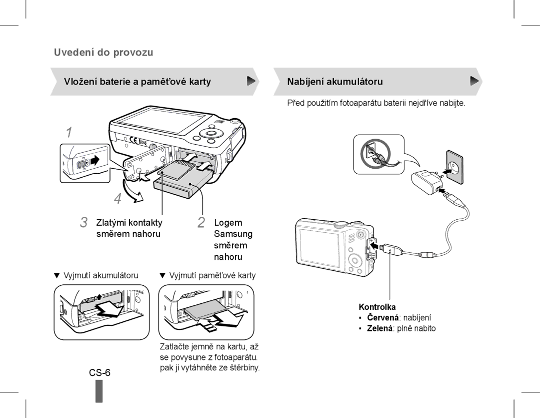 Samsung EC-WB600ZDPBIR manual CS-6, Vložení baterie a paměťové karty Nabíjení akumulátoru, Zlatými kontakty směrem nahoru 