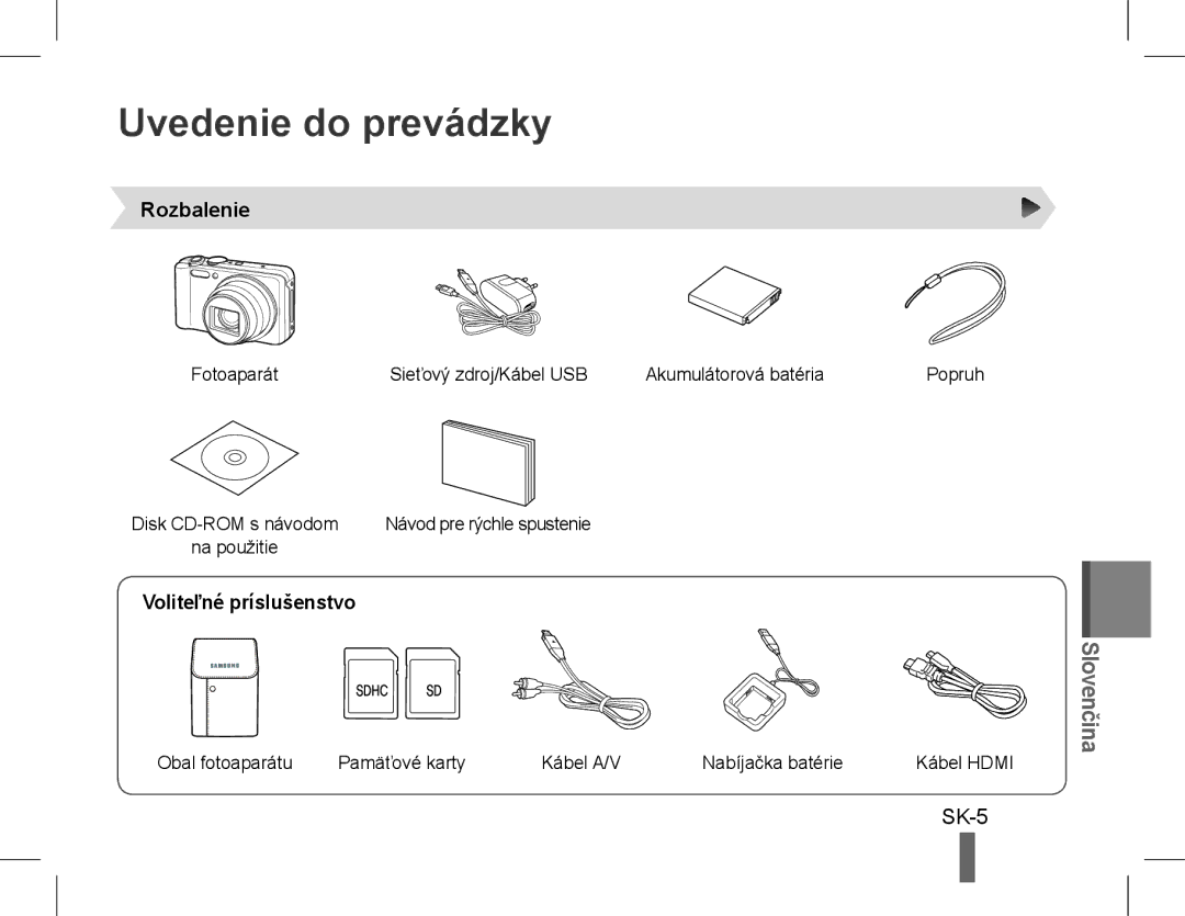 Samsung EC-WB600ZBPAE3, EC-WB600ZBPBE1, EC-WB610ZBDBE1 Uvedenie do prevádzky, SK-5, Rozbalenie, Voliteľné príslušenstvo 