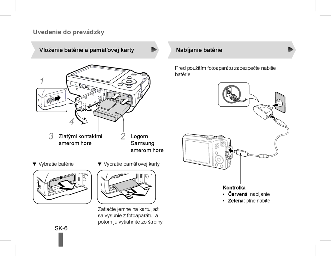 Samsung EC-WB600ZBPBE2 manual SK-6, Vloženie batérie a pamäťovej karty, Zlatými kontaktmi Logom Smerom hore Samsung 