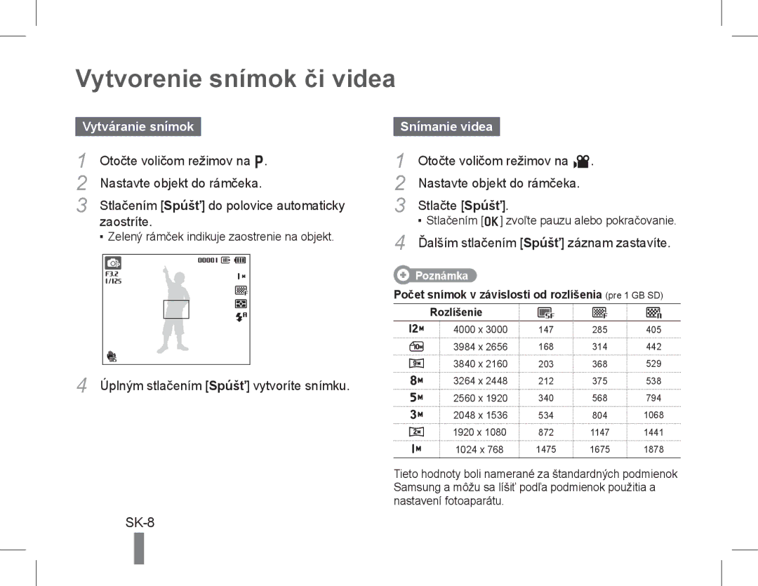 Samsung EC-WB610ZBDBE2, EC-WB600ZBPBE1, EC-WB610ZBDBE1 Vytvorenie snímok či videa, SK-8, Vytváranie snímok, Snímanie videa 