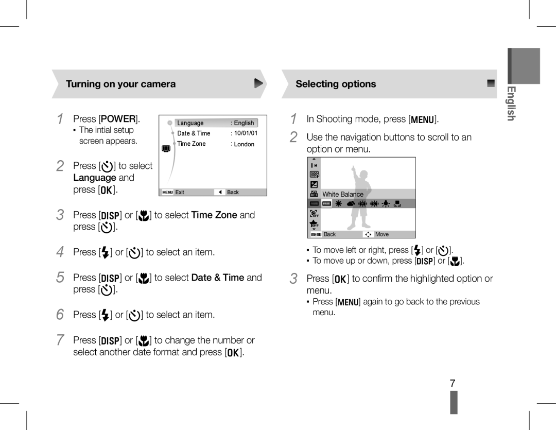 Samsung EC-WB600ZBPNIT, EC-WB600ZBPBE1, EC-WB610ZBDBE1, EC-WB600ZBPBGB manual Turning on your camera Selecting options 