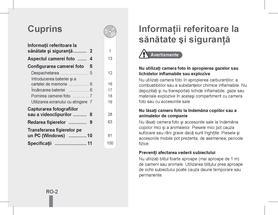 Samsung EC-WB600ZBPBE3, EC-WB600ZBPBE1, EC-WB610ZBDBE1 manual Cuprins, Informaţii referitoare la sănătate şi siguranţă, RO-2 