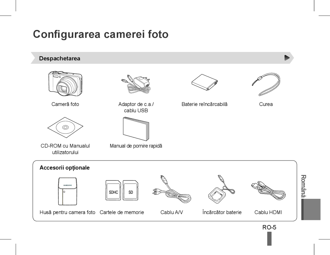 Samsung EC-WB600ZDPNME, EC-WB600ZBPBE1, EC-WB610ZBDBE1 Configurarea camerei foto, RO-5, Despachetarea, Accesorii opţionale 