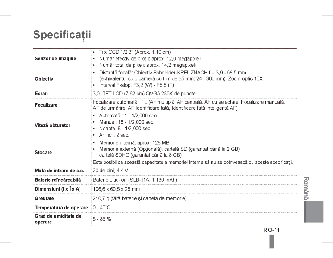 Samsung EC-WB600ZBPASA, EC-WB600ZBPBE1, EC-WB610ZBDBE1, EC-WB600ZBPBGB, EC-WB610ZBDNE1, EC-WB600ZBPNE1 Specificaţii, RO-11 