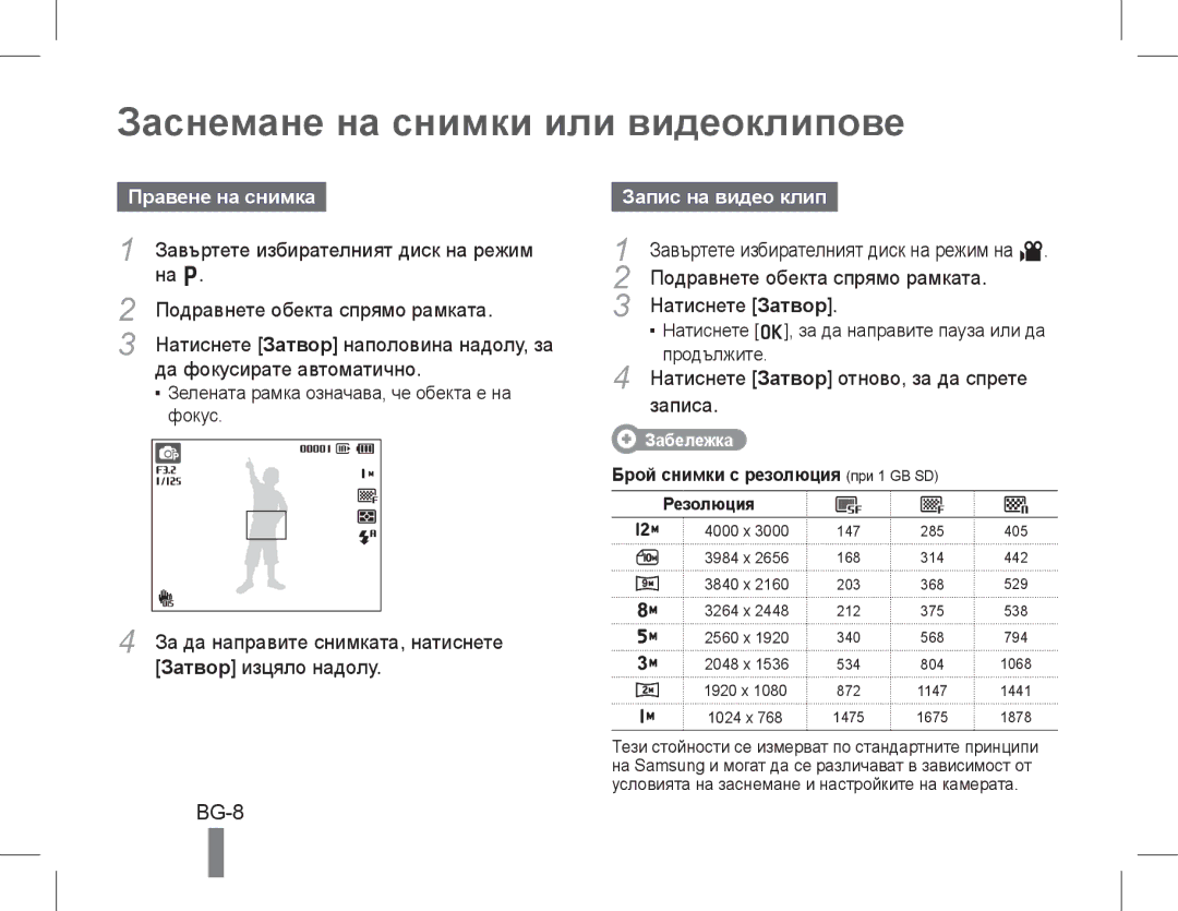 Samsung EC-WB600ZBPNVN, EC-WB600ZBPBE1 Заснемане на снимки или видеоклипове, BG-8, Правене на снимка, Запис на видео клип 