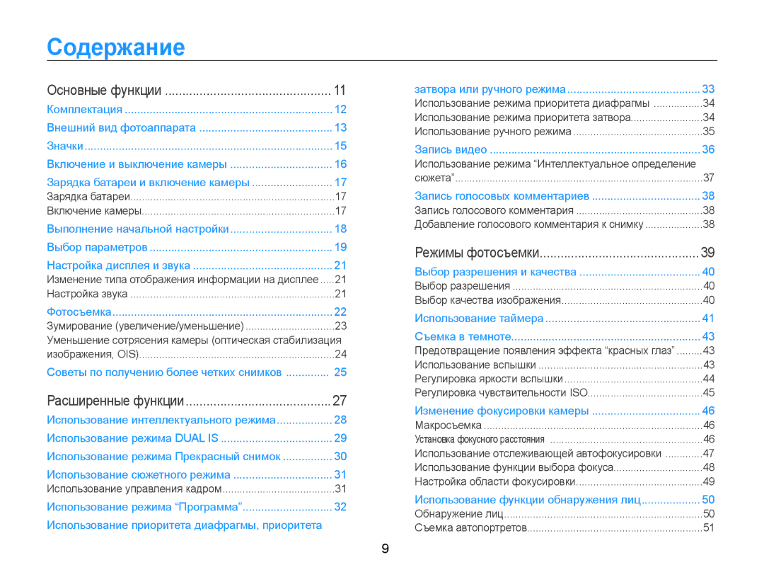 Samsung EC-WB600ZBPNRU, EC-WB600ZBPBE2, EC-WB600ZBPBRU, EC-WB600ZBPARU manual Содержание, Основные функции 