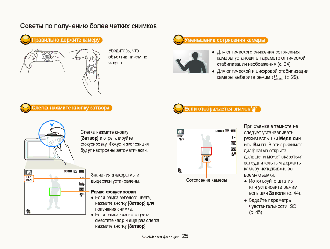 Samsung EC-WB600ZBPNRU, EC-WB600ZBPBE2 manual Правильно держите камеру Уменьшение сотрясения камеры, Рамка фокусировки 