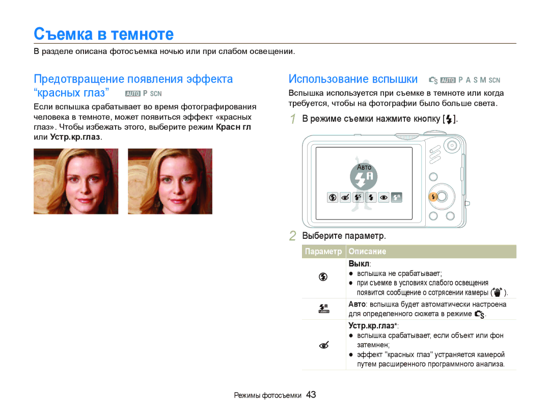 Samsung EC-WB600ZBPBE2 manual Съемка в темноте, Предотвращение появления эффекта красных глаз a p s, Параметр Описание Выкл 