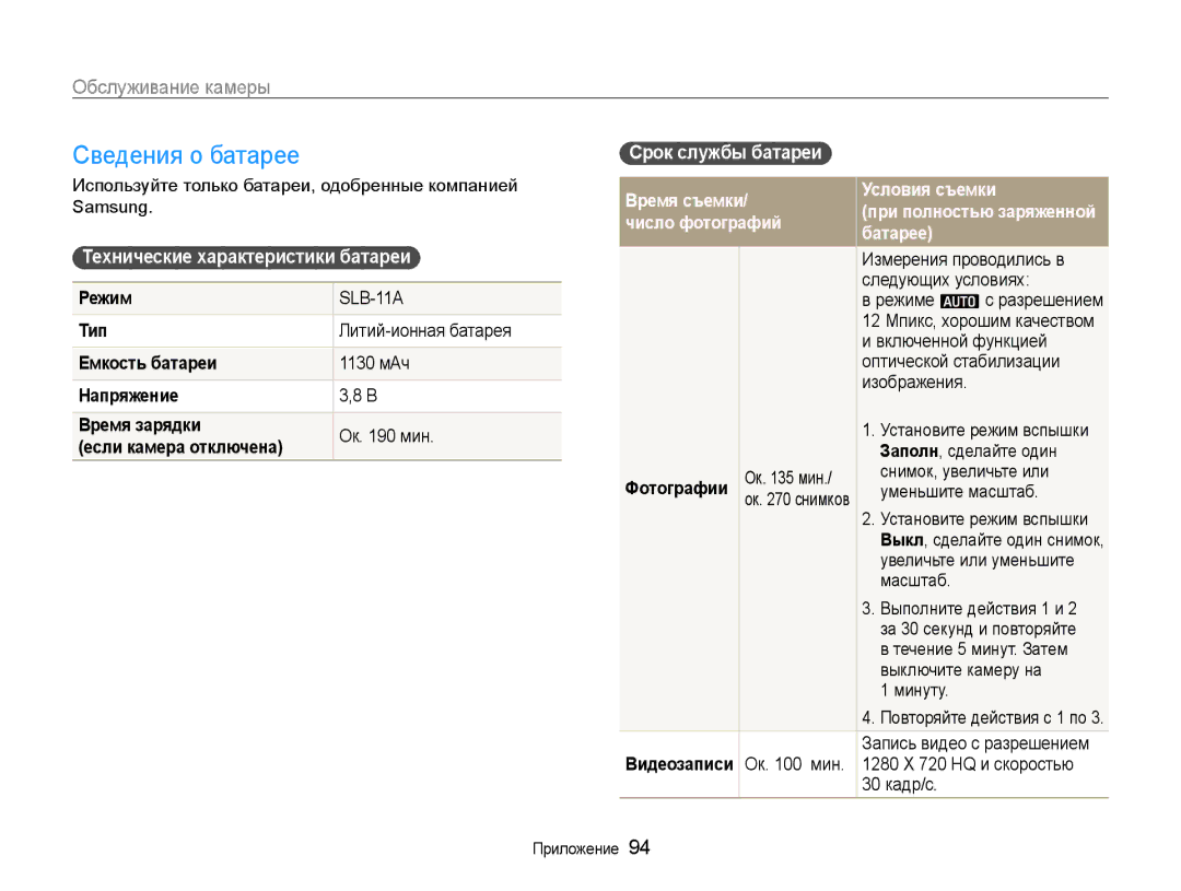 Samsung EC-WB600ZBPARU, EC-WB600ZBPBE2 manual Сведения о батарее, Срок службы батареи, Технические характеристики батареи 