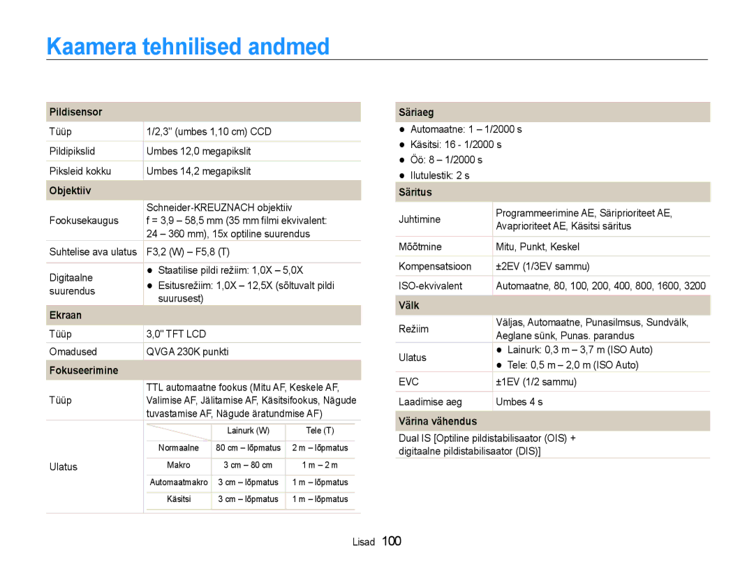 Samsung EC-WB600ZBPBRU, EC-WB600ZBPBE2 manual Kaamera tehnilised andmed 