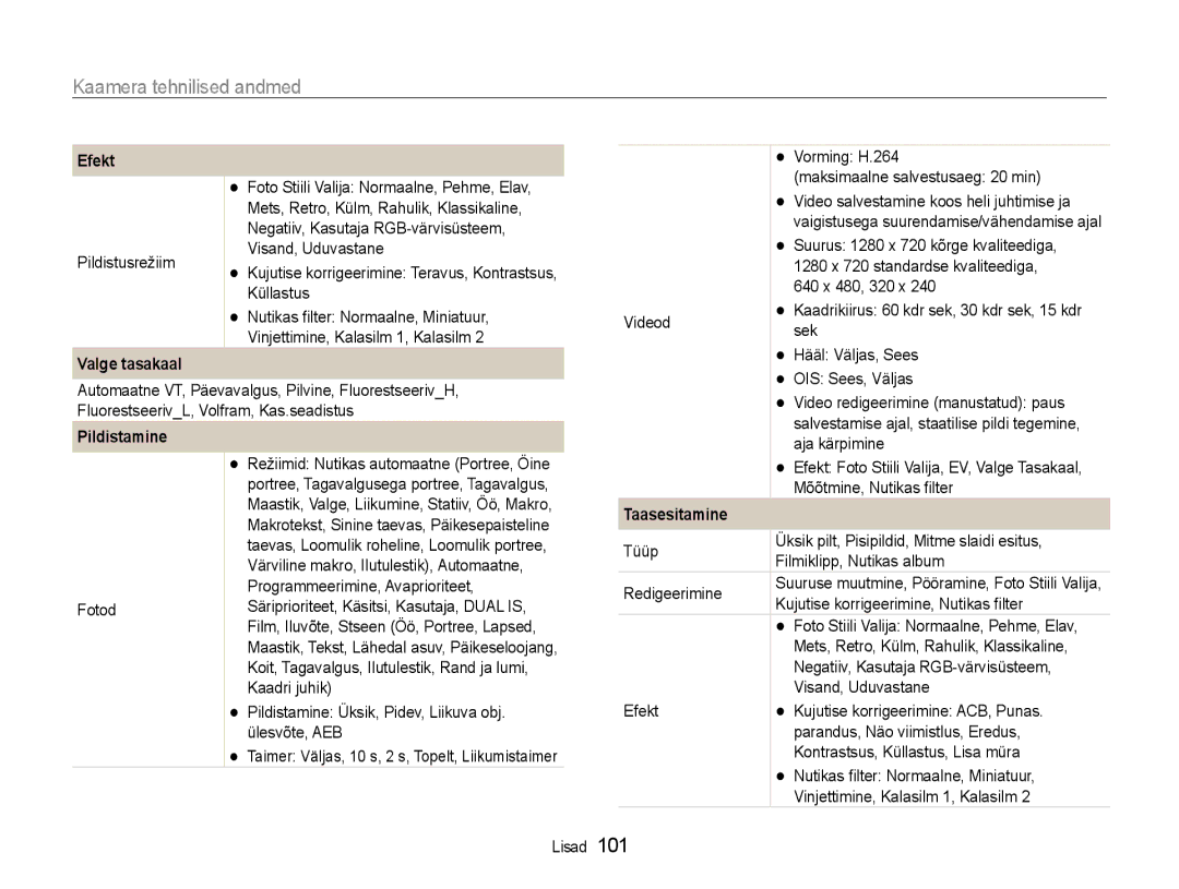 Samsung EC-WB600ZBPBE2, EC-WB600ZBPBRU manual Kaamera tehnilised andmed, Valge tasakaal 