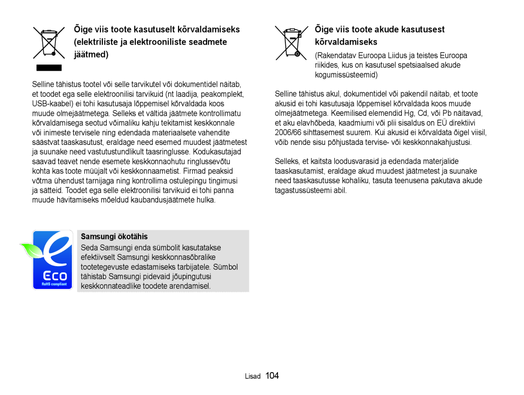 Samsung EC-WB600ZBPBRU, EC-WB600ZBPBE2 manual Õige viis toote akude kasutusest kõrvaldamiseks, Samsungi ökotähis 