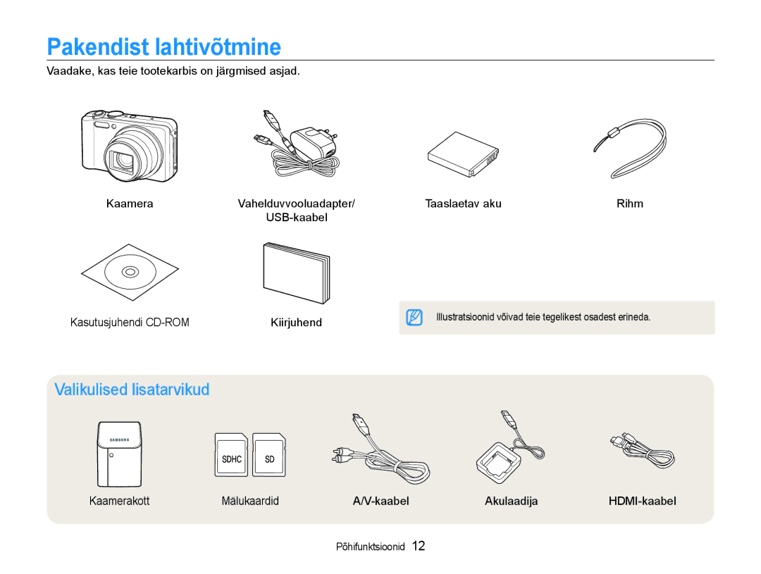 Samsung EC-WB600ZBPBRU, EC-WB600ZBPBE2 manual Pakendist lahtivõtmine, Valikulised lisatarvikud, Taaslaetav aku Rihm 