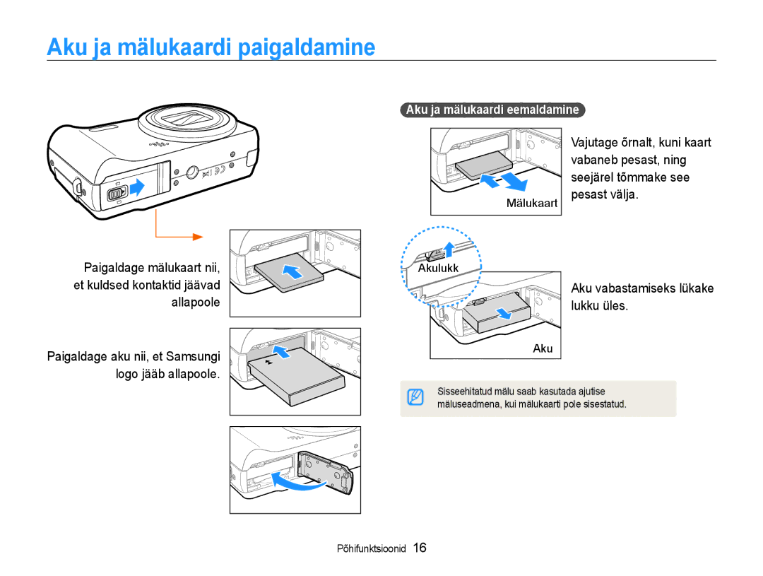 Samsung EC-WB600ZBPBRU, EC-WB600ZBPBE2 manual Aku ja mälukaardi paigaldamine, Aku ja mälukaardi eemaldamine 