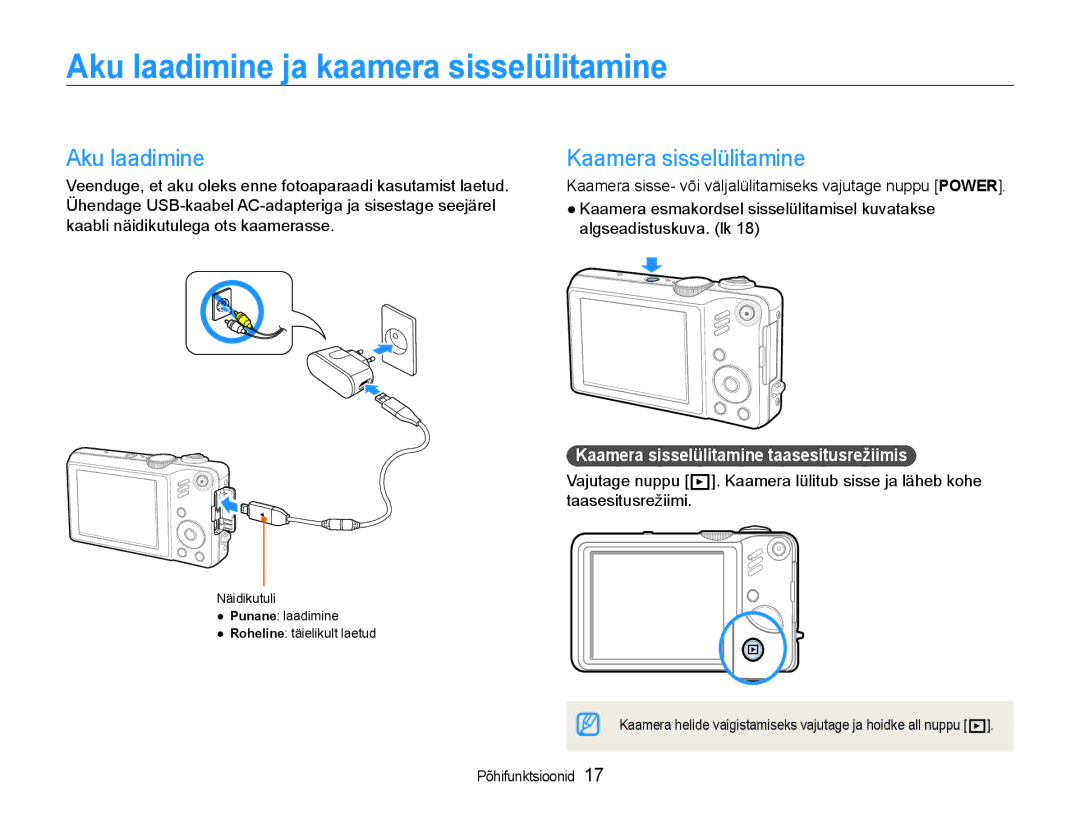 Samsung EC-WB600ZBPBE2, EC-WB600ZBPBRU manual Aku laadimine ja kaamera sisselülitamine, Kaamera sisselülitamine 