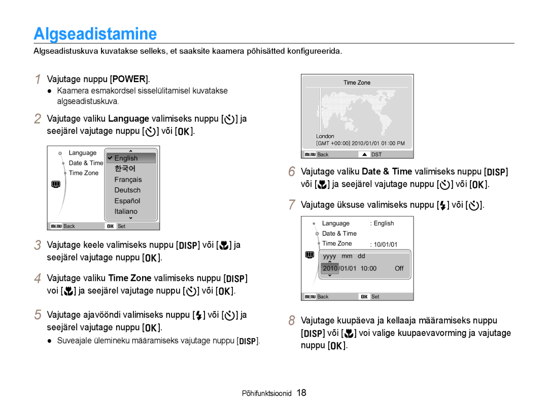 Samsung EC-WB600ZBPBRU, EC-WB600ZBPBE2 manual Algseadistamine, Vajutage nuppu Power 