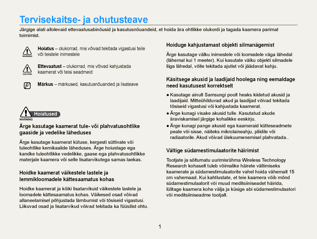 Samsung EC-WB600ZBPBE2 manual Tervisekaitse- ja ohutusteave, Hoiduge kahjustamast objekti silmanägemist, Hoiatused 