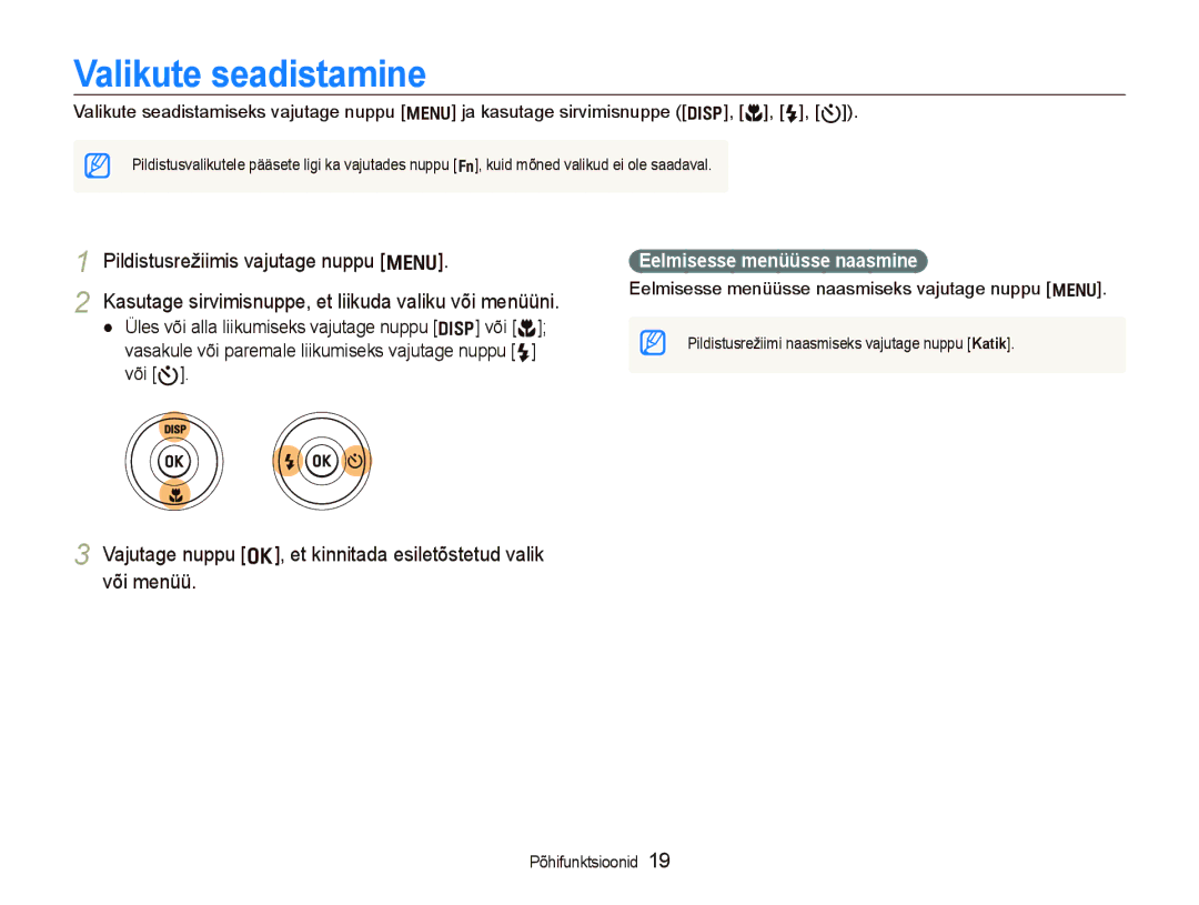 Samsung EC-WB600ZBPBE2, EC-WB600ZBPBRU manual Valikute seadistamine, Kasutage sirvimisnuppe, et liikuda valiku või menüüni 