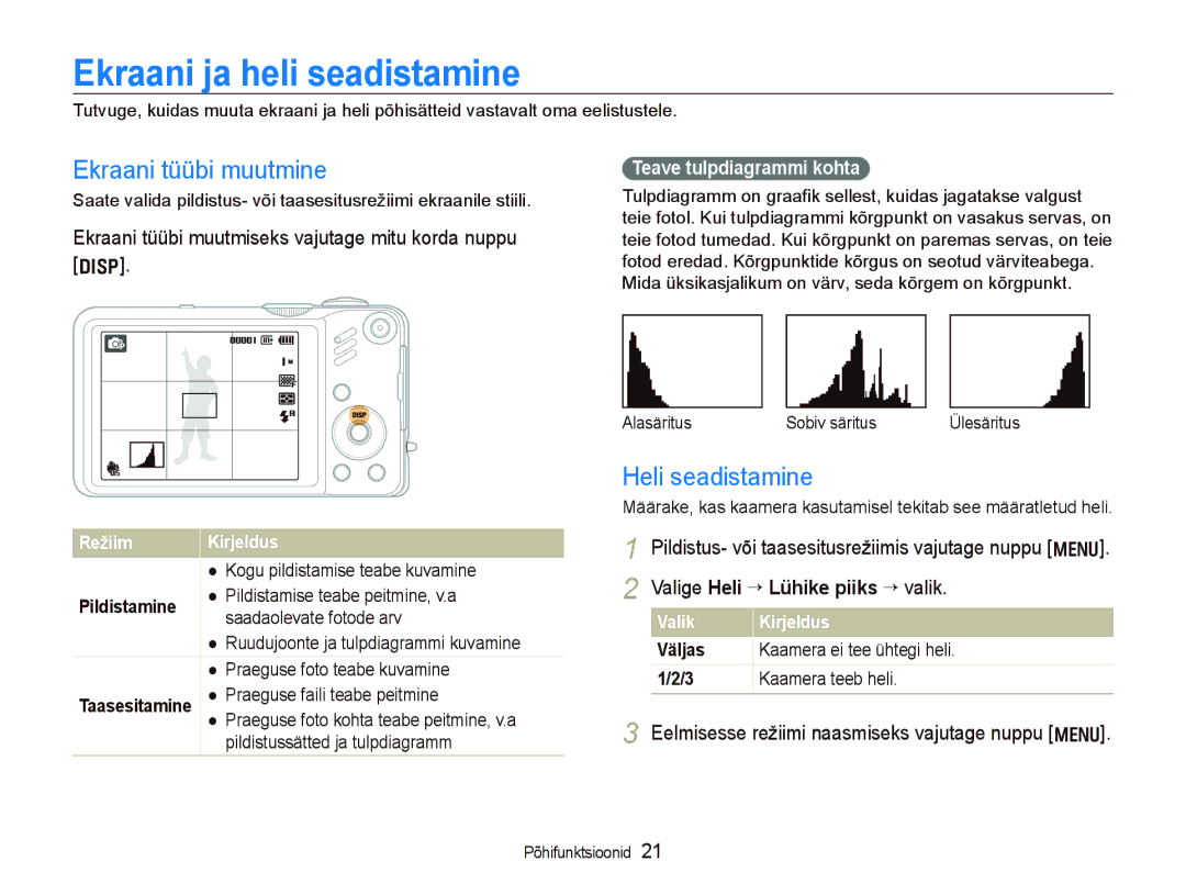 Samsung EC-WB600ZBPBE2, EC-WB600ZBPBRU manual Ekraani ja heli seadistamine, Ekraani tüübi muutmine, Heli seadistamine 