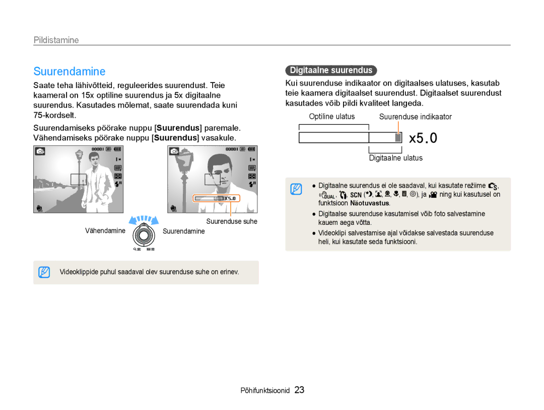 Samsung EC-WB600ZBPBE2, EC-WB600ZBPBRU manual Suurendamine, Pildistamine, Digitaalne suurendus, Digitaalne ulatus 