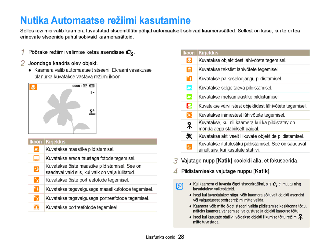 Samsung EC-WB600ZBPBRU, EC-WB600ZBPBE2 manual Nutika Automaatse režiimi kasutamine, Lisafunktsioonid 