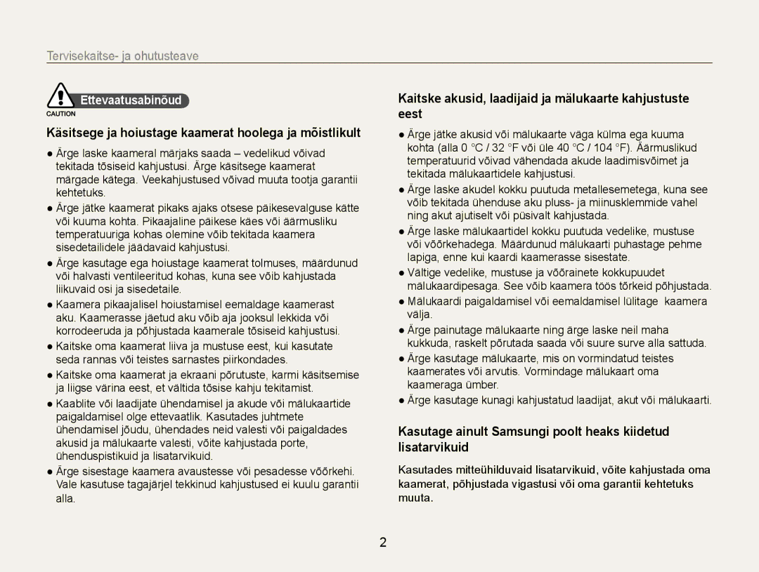 Samsung EC-WB600ZBPBRU Tervisekaitse- ja ohutusteave, Eest, Kasutage ainult Samsungi poolt heaks kiidetud lisatarvikuid 